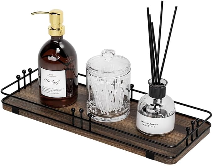 Bathroom Vanity Tray for Countertop Toiletries Perfume Makeup Soap Dispenser Toilet Tank, Kitchen Tray for Salt Spice, Decor Tray for Candle Nightstand Coffee 11.3âx 4.4â Brown-Black