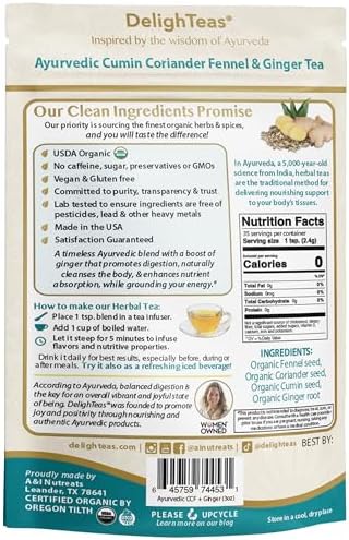 DelighTeas Organic Digest & Detox CCF Tea with Ginger | Ayurvedic Cumin, Coriander, Fennel, Ginger Loose Leaf Tea for Digestion | USDA Organic, Non-GMO, Caffeine Free, Sugar Free | 40 Servings, 3oz