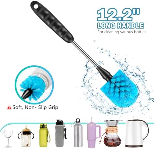 12.2 inch Bottle Brush Set of Three，Washable Coffee Cups, Water Bottles, Baby Bottles, Straws, to-go Cups, Long-Handled 3-in-1 Stainless Steel Bottle Brushes. (Blue)