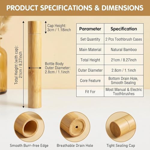 erioctry 2 Pack Bamboo Toothbrush Travel Holder 8.3 Inch Natural Toothbrush Case Cover Camping Accessory Bathroom Storage