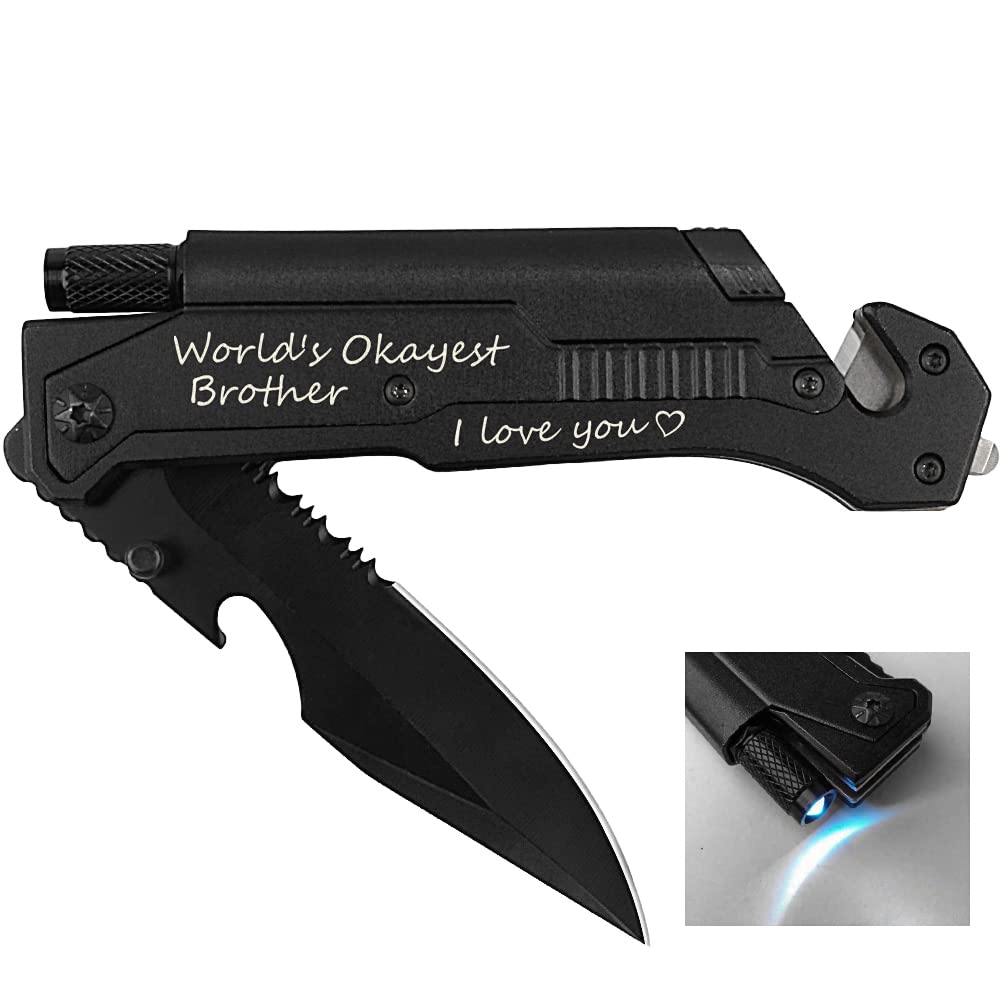 Engraved Pocket Knife For Brother, World's Okayest Brother, Pocket Knifes with 6 Functions, LED Light, Fire Starter, Bottle Opener, Seat Belt Cutter, Glass Breaker, Gifts for Birthday Christmas