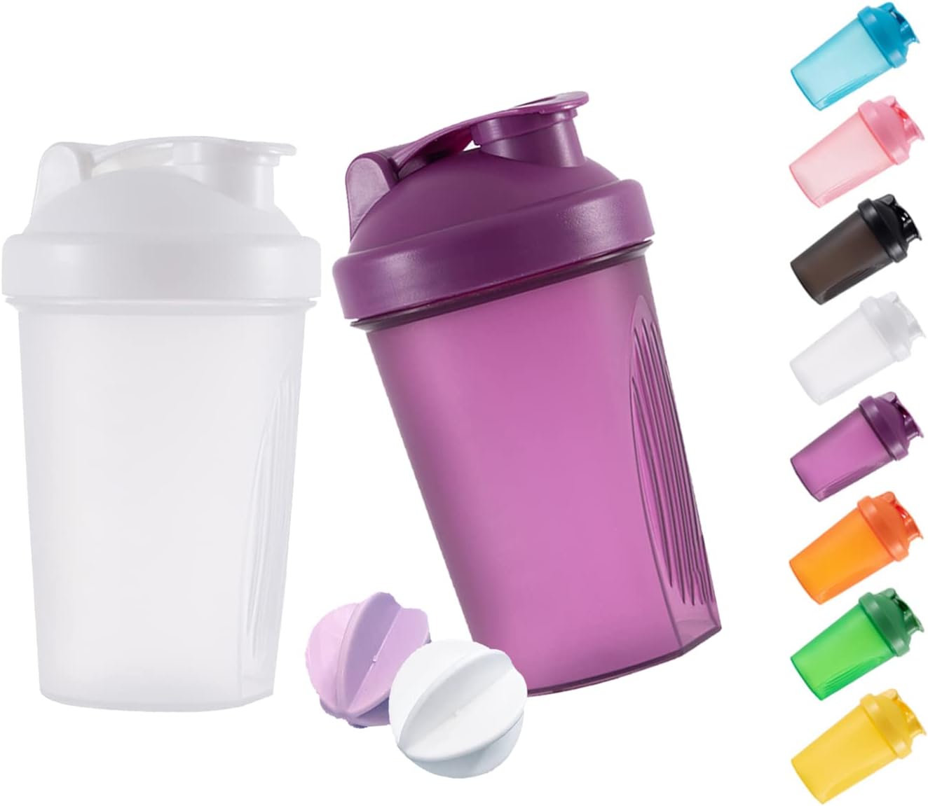 ANNAKIKI Shaker Bottle Protein Shakes and 16-Ounce/400ML Shaker Bottle with Wire Whisk Balls,Free of BPA plastic (Purple+White(2PCS))