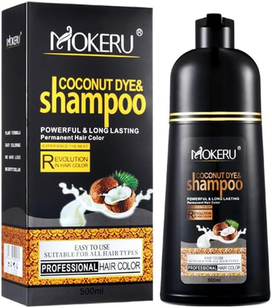 MOKERU Coconut Oil Black Hair Dye Shampoo 3 in 1 for Gray Coverage Color Shampoo for Women Men Semi-Permanent