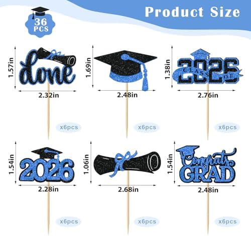 Blue Graduation Cupcake Toppers 2026, 36pcs Glitter Cupcake Toppers for Class of 2026 Party Supplies Cap Diploma Done Congrats Grad Picks for Food Dessert Mini Cake Decoration