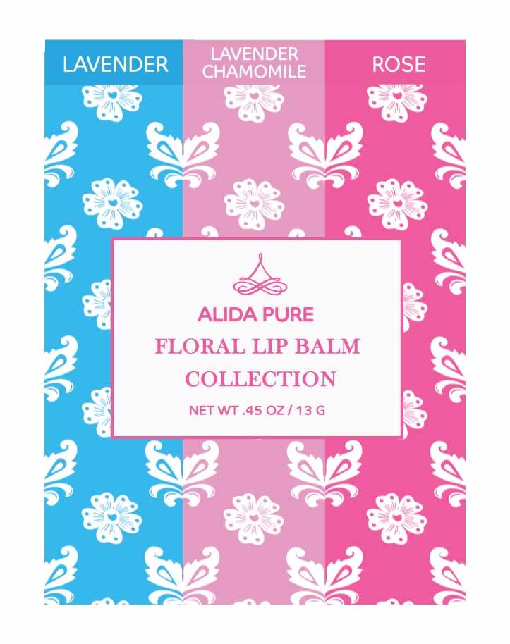 Floral Lip Balm Collection, Vegan Set, Beeswax Free, with Organic Jojoba and Avocado Oil, Vitamin E, Natural Moisturizer for Dry, Chapped or Cracked Lips, 3 Tube Set