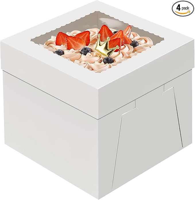 WINKIO 10x10x8 Inch Cake Box, 4 Pack White Cake Boxes with Window, Disposable Bakery Boxes 10 Inch for Cake Cookies Pies Cupcakes Pastry