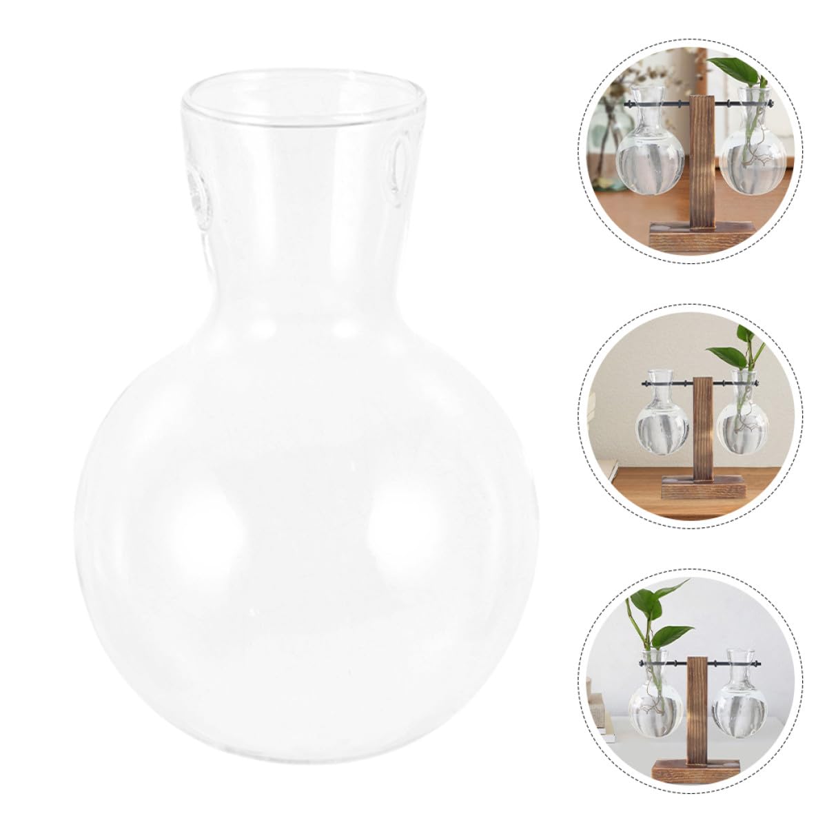 JEWEDECO Glass Flower Vase with Wooden Stand 3pcs High Borosilicate Glass Propagation Station Desktop Planter for Hydroponic Plants and Terrarium Home Décor
