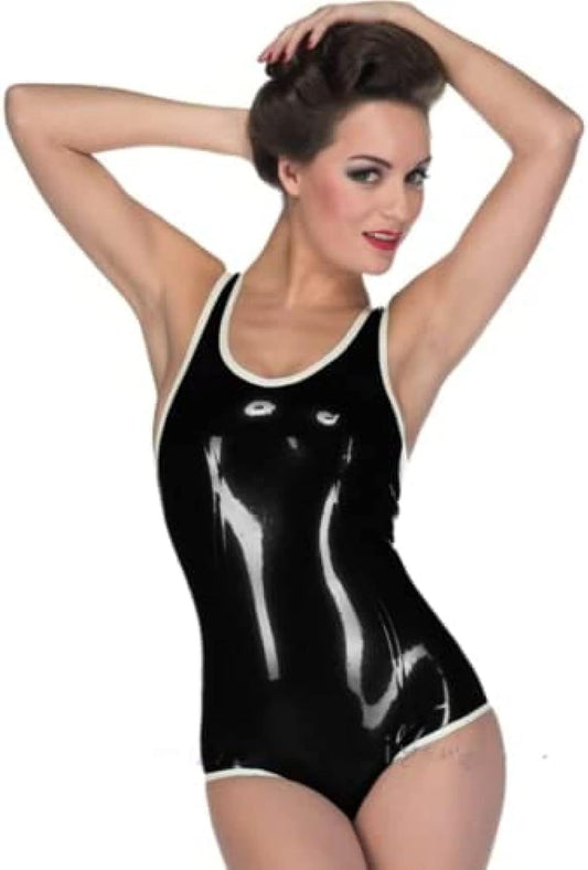 Handmade Sexy Women Black Latex Jersey Rubber Tight Swimwear with White Trim,White,L