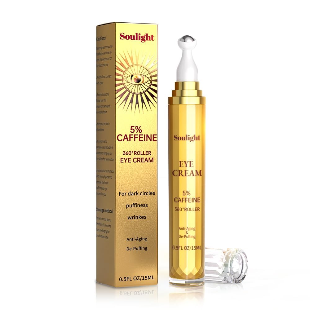 5% Caffeine Eye Serum Anti Aging, Eye Cream Reduce Dark Circles, Puffiness, Fine Lines, Wrinkles, Hyaluronic Acid Niacinamide Eye Moisturizer with 360Â° Massage Ball, Eye Balm for Men& Women