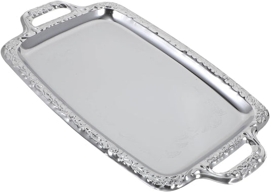 Zerodeko Silver Serving Tray: Rectangular Vintage Metal Platter - Stainless Steel Decorative Tray & Antique Whiskey Plate for Kitchen, Coffee Table & Home Decor