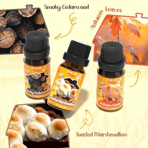 Soulorigin Fall Cozy Cabin Fragrance Oils Set, Essential Oil for Diffuser, Use for Soap Candle Making-Smoky Cedar Wood, Roasted Marshmallows, Autumn Leaves, Warm Flannel, Fireplace Time, Pumpkin Patch