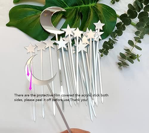 Set of 20pcs Star and Moon Acrylic Cake Topper, The Moon Birthday Dreamy Wedding Shooting Star Engagement Baby Shower Topper (Silver Mirror)