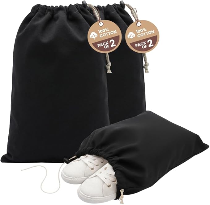 LFH Cotton Shoe Storage Bags with Drawstring, Dustproof Breathable Reusable Organizer, Perfect For Travel, Dorm, Hotel, College, Gym, Easy to Carry, Machine Washable 12"x17" (Pack of 2) - Black sand