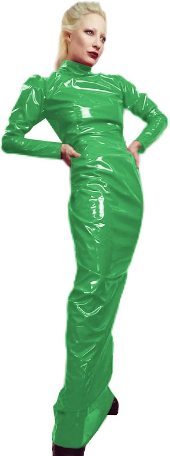 Wetlook PVC Dress Latex Faux Leather Tight Dress Turtleneck Long Sleeve Slim Bodycon Dress,Green,M