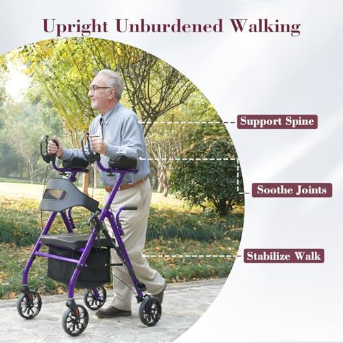 Upright Rollator Walker, Heavy Duty Stand Up Walkers for Seniors with Seat and Reversible Backrest, Foldable Standing Rollator with 8" Anti-Slip PU Wheels, Purple