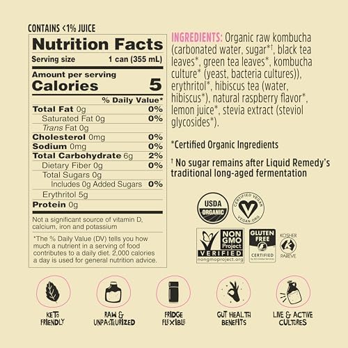 Liquid Remedy Kombucha Sugar Free Organic Drink, Low Calorie, Probiotic Like Tea for Gut Health - Raspberry Lemonade - 12 Fl Oz Can, 4-Pack