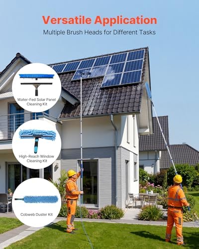VEVOR Solar Panel Cleaning Kit, 15 ft, Water Fed Pole Kit with Cleaning Brush, Squeegee, Soap Dispenser, Extendable Aluminum Telescopic Pole, 180° Rotatable Brush Head, for Roof Mounted Solar Panels