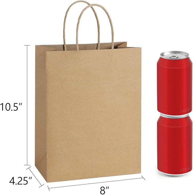BagDream Gift Bags 8x4.25x10.5 100Pcs Brown Paper Gift Bags with Handles Bulk for Wedding, Party Favor, Grocery, Shopping, Retail, Merchandise Medium Kraft Paper Sacks