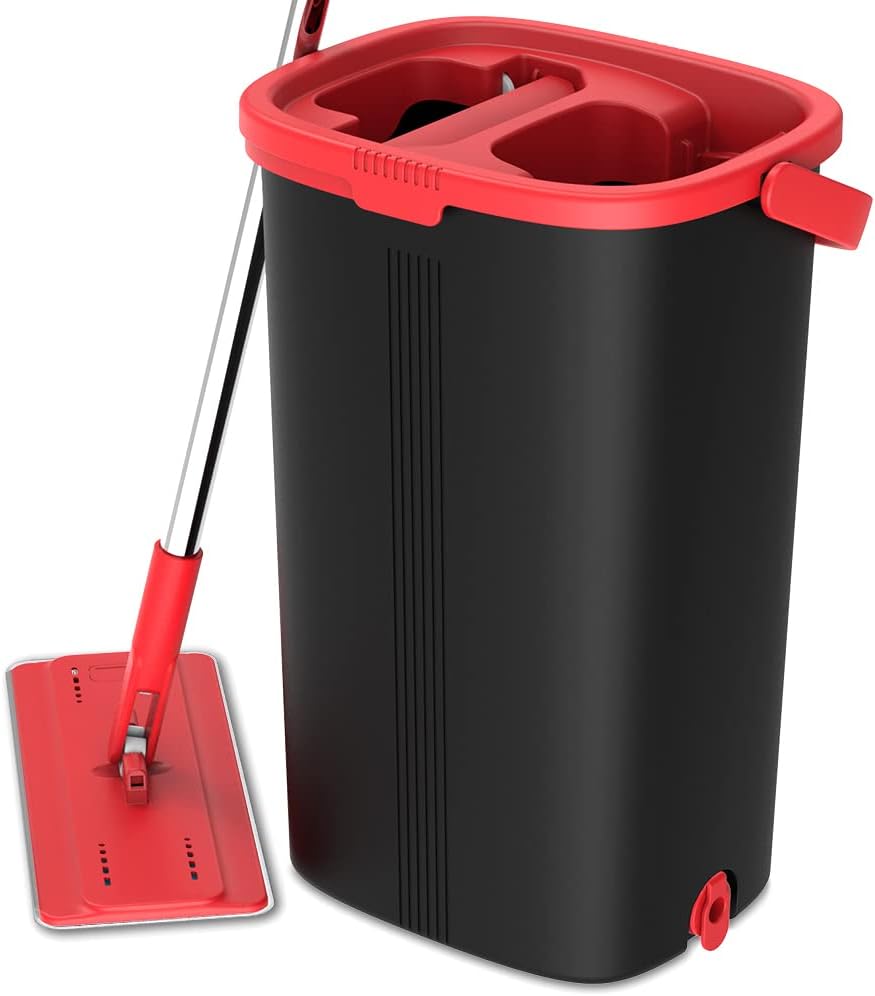 Tethys Flat Floor Mop and Bucket Set for Professional Home Floor Cleaning System with Aluminum Handle/2-Washable Microfiber Pads Perfect Home + Kitchen Cleaner for Hardwood, Laminate, Tiles, Vinyl