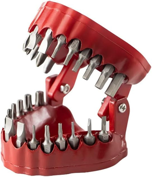 MIMIRACLE Denture Drill Bit Holder, Gag Gift for Dentist Handyman, Holds Up to 28 Bits Screwdriver Bit Organizer Fits 1/4 Inch Hex Bit and Drive Bit Adapter -Red