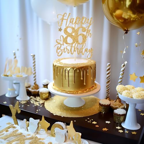 Happy 86th Birthday Cake Topper, 86th Birthday Decorations for Men/Women, Cheers to 86 Years, Hello 86, 86th Happy Birthday Party Supplies Gold Glitter