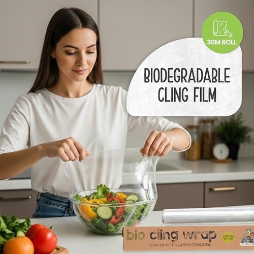 Eco Green Living Biodegradable Cling Film Bio Cling Wrap 100% Compostable, BPA & Plastic-Free Food Wrap, Vegan, Fridge & Freezer Safe, Recyclable Cardboard Dispenser, 30cm x 30m