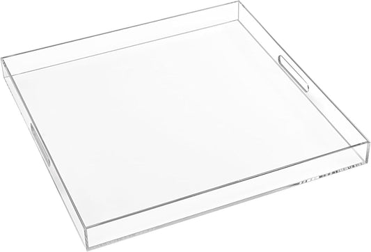 18Ã18 Inch Clear Acrylic Serving Tray with Handles Extra Large Ottoman Tray Decorative Tray Spill-Proof Coffee Table Space Saver Oversize Counter top Organizer Platter with Safe Edge