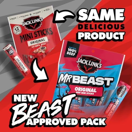 Jack Link's x MrBeast Original Mini Beef Jerky Sticks - Individually Wrapped Protein Snacks - 6g Protein per Serving - Made with 100% Real Beef - (12 Pack) 0.5 oz Meat Sticks