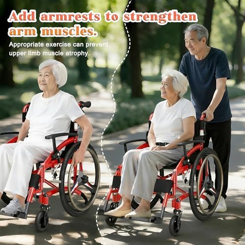 Ultra Lightweight Wheelchair, 18" Wide Seat Wheelchair for Adults, Foldable Portable Self-propelled Wheelchair with Removable Arms and 24″ Rear Wheels for Indoor Outdoor Use (Max Weight 220 lbs)