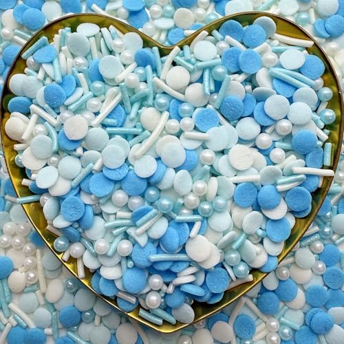 CandiJumpin Light Blue and White Pearl Sprinkles, Edible Pearls and Jimmies Mix Baby Blue and White Sprinkles Crunchy Jimmies Edible Pearls for Cake Decorating Pearl Decoration for Baking Baby Shower Party Birthday Wedding Christmas Supplies 3 OZ