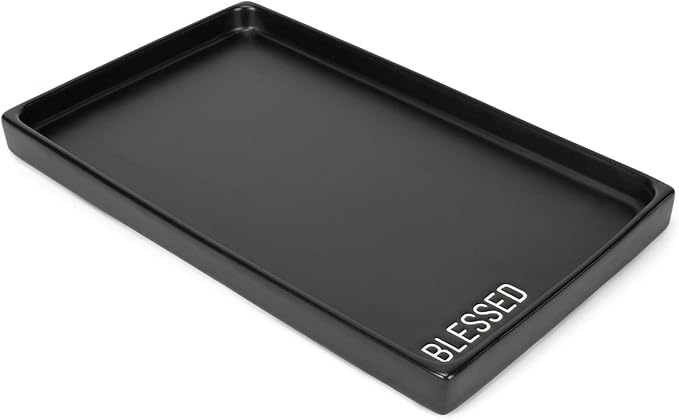 NAT & Jules Blessed 10 x 6 inch Ceramic Stoneware Vanity Tray - Perfect Bathroom or Kitchen Counter Organization DÃ©cor: Sponge Holder, Soap Dish, Jewelry and Perfume Tray, Blessed Black