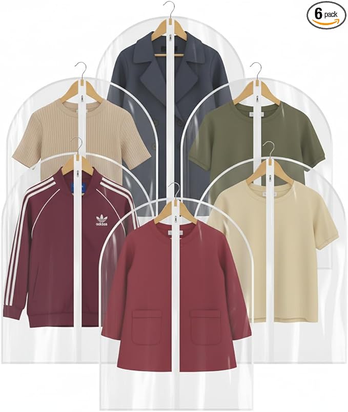 All Clear Garment Bags for Travel - 32â PEVA Waterproof Suit Cover with Zipper for Hanging Clothes, Shirts, Sweaters - Durable Dresser for Closet Storage, Dustproof & Moisture Resistant - 32â/6 Pack