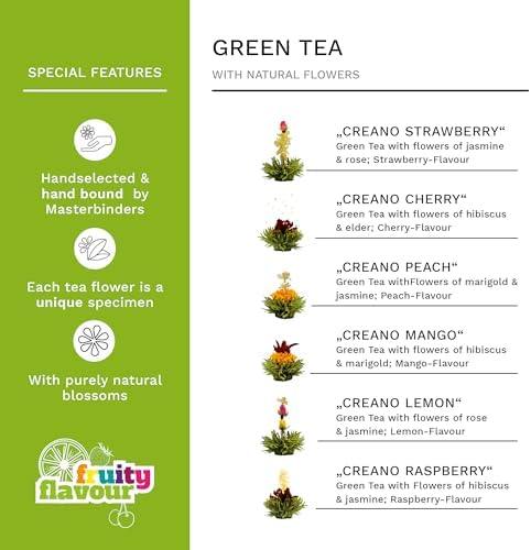 Creano Blooming Tea Gift Set with Glass Teapot 17oz (500ml) - Green Tea Fruity Flavoured Tea Flowers in 6 Varieties - Flowering Tea Gift for Easter