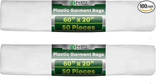 PARTY BARGAINS 60 x 20 Inch Disposable Clear Garment Bags, 100 Pack â Heavy-Duty Plastic Clothes Covers for Suits Dresses Coats, Closet & Travel