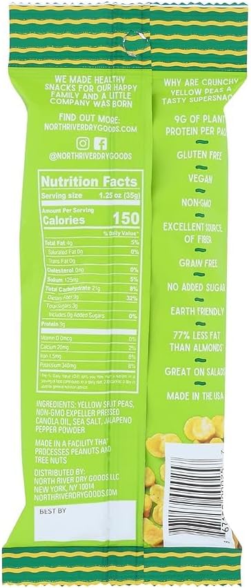 North River Dry Goods Crunchy Yellow Peas (Jalapeno), High Protein Snacks, Healthy Snacks for Adults and Kids, Gluten Free, High Fiber, School Travel Office Snacks, Non-GMO, Vegan, 1.25oz Pack
