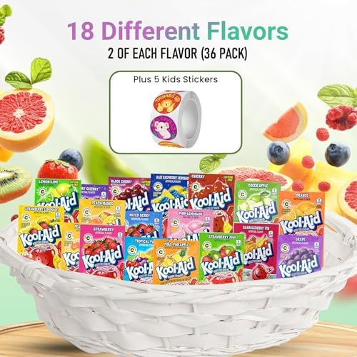 Kool Aid Packets Ultimate Variety (18 Falvors, 36 Packets) - Drink Mix - Includes Cherry, Grape, Lemonade, Mixed Berry, Strawberry, Tropical Punch and more PLUS 5 STICKERS By D.F. LUXURY