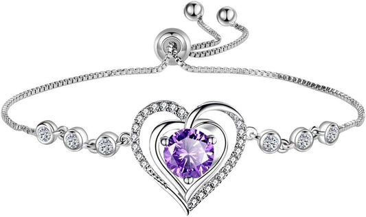 14K White Gold Plated Heart Bracelet for Women, Zircon Inlay Love Heart Charm Chain Bracelet Bangle with Adjustable Length