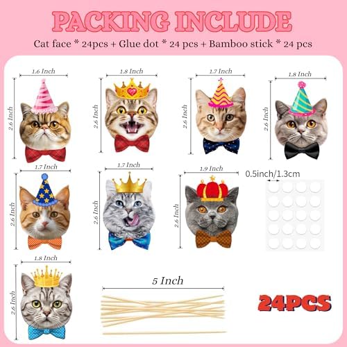 Pet Cat Cupcake Toppers, 24 PCS Pet Cats Themed Birthday Party Supplies for Meow Kitty Cat Birthday Party Baby Shower Party Decorations