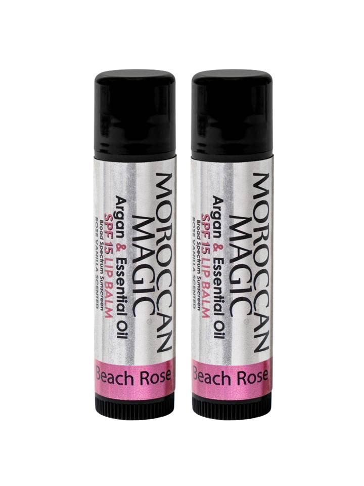 Moroccan Magic Beach Rose SPF 15 Lip Balm - Rose Vanilla | Argan Oil & Essential Oils | Family Owned | Cruelty Free | 2 Pack