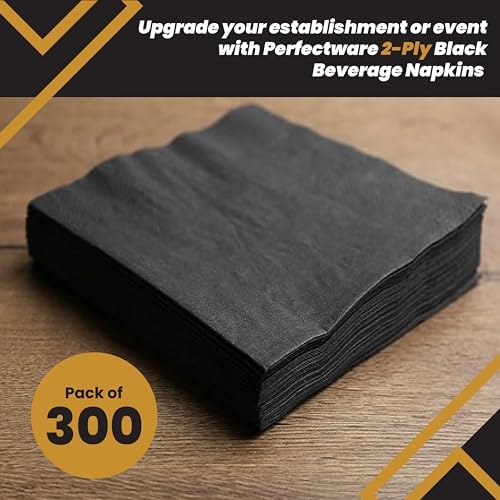 Perfectware 2ply Black Beverage Napkins. 300 Count 2Ply Cocktail Napkins. 10 x 10 Black Beverage Napkin.