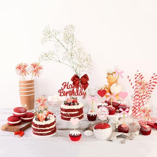Ercadio 34PCS Glitter Red Happy Birthday Cake Topper Pink Bows Red Heart Fireworks Cupcake Picks for Girls 16th Birthday Baby Shower Velentine's Birthday Party Cake Decoration Supplies