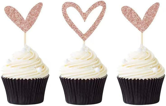 24 PCS Rose Gold Glitter Heart Cupcake Toppers Sweet Love Theme Cupcake Picks Valentine's Day Cupcake Decorations for Wedding Engagement Bridal Shower Birthday