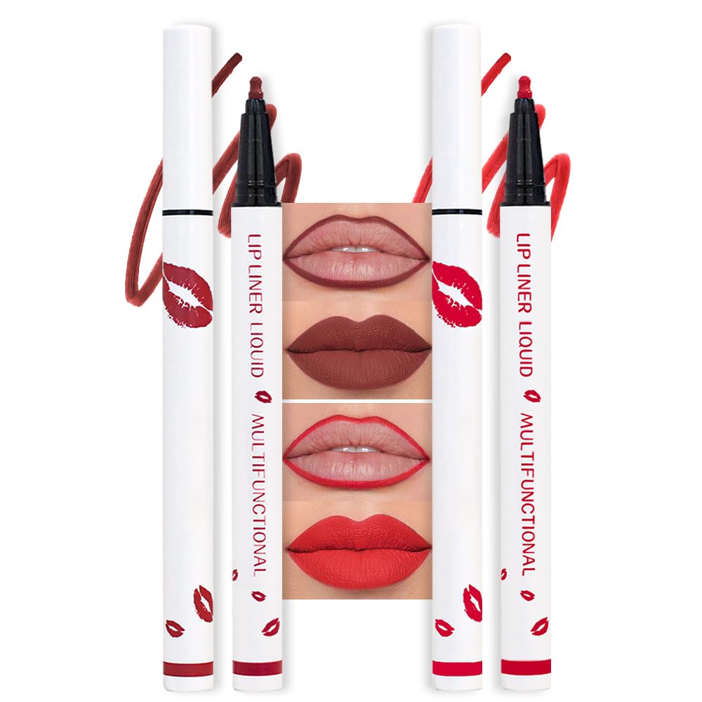 2Pcs Longwear Liquid Lip Liner Stain Marker Pen Set Long Lasting Waterproof, Dark Ruby Red Matte Semi Permanent 24 Hour Lip Liner and Lipstick Combo, Color Stay Lipliner All Day, Lips Stain peel off