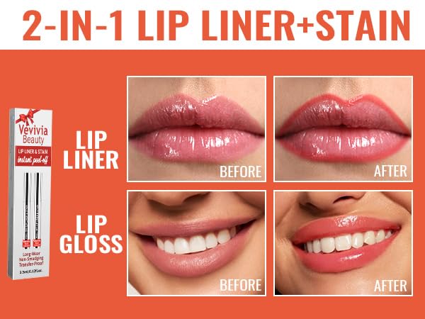 2pcs Lip Stain Peel Off - Lip Liner Stain Long Lasting Waterproof,2-in-1 Lip Liner with Tweezer Nude Matte,Non-Stick Cup,Highly Pigmented，Natural Finish,Stay On All Day,Perfect for Gift (Nude+Cocoa)