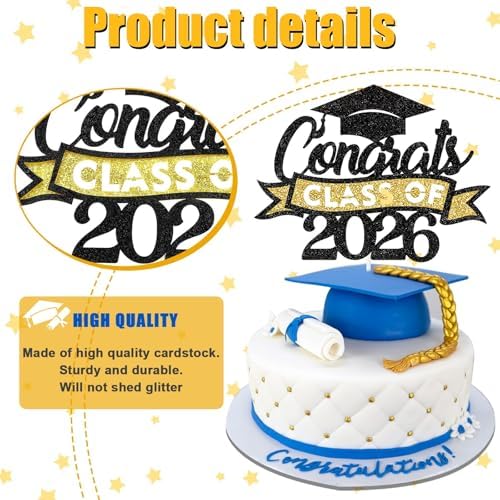 Graduation Cake Topper Class of 2026, Gold and Black Congrats Grad Cake Topper Glitter Graduation Cake Decorations 2026 Graduation Party Supplies for High School College Graduate Party