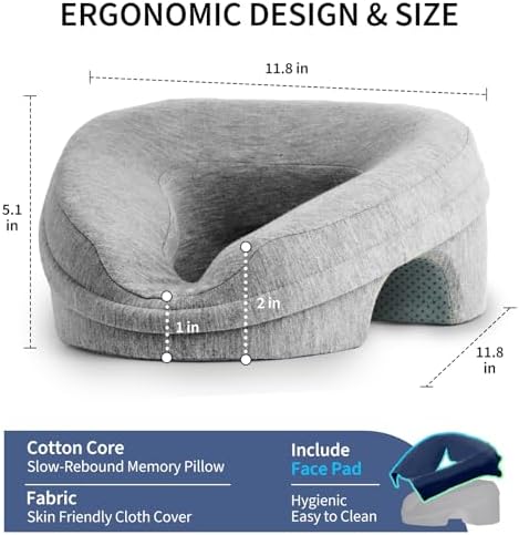 VVB Face Down Pillow for Massage Table, Massage Headrest for Bed, Stomach Sleeping Pillow with Face Cradle Pad, BBL Pillows After Post Eye Surgery Recovery, Massage Pillow with Removable Cover Grey