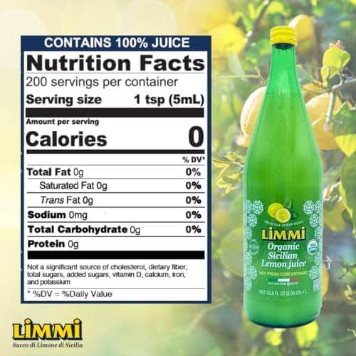Limmi Organic Sicilian Lemon Juice, 33.8 fl oz (1L) Glass Bottle | 100% Freshly Squeezed, Not from Concentrate | No Added Water, Authentic Italian Lemon Juice [Pack of 2]