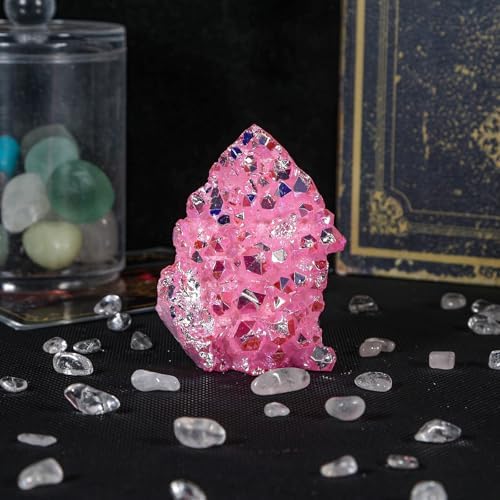 SUNYIK Pink AB Titanium Coated Rock Quartz Cluster Irregular Crystal Geode Stone Specimen Decor for Home Office Meditation, 2.1-4.1"