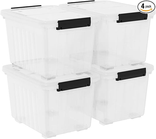 4-Pack 50 Quart Plastic Storage Bin Box Organizing Container with Lid and Secure Latching Buckles, Stackable Wheeled Box, Clear