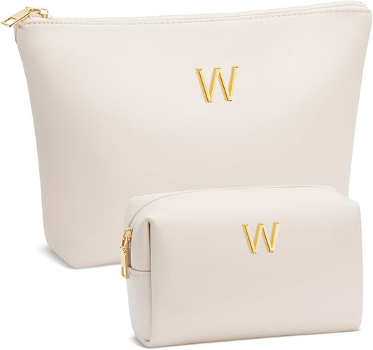 Valentine's Day Gifts for Women Girlfriend Initial Makeup Bag for Teen Girls Personalized Gifts for Friend Teacher Mom Wife Cosmetic Travel Toiletry Bag(Beige,W)